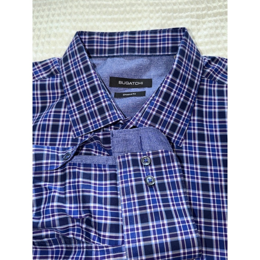 Bugatchi Button Down Shirt Mens XL Blue Purple Plaid Shaped Fit Long Sleeve
